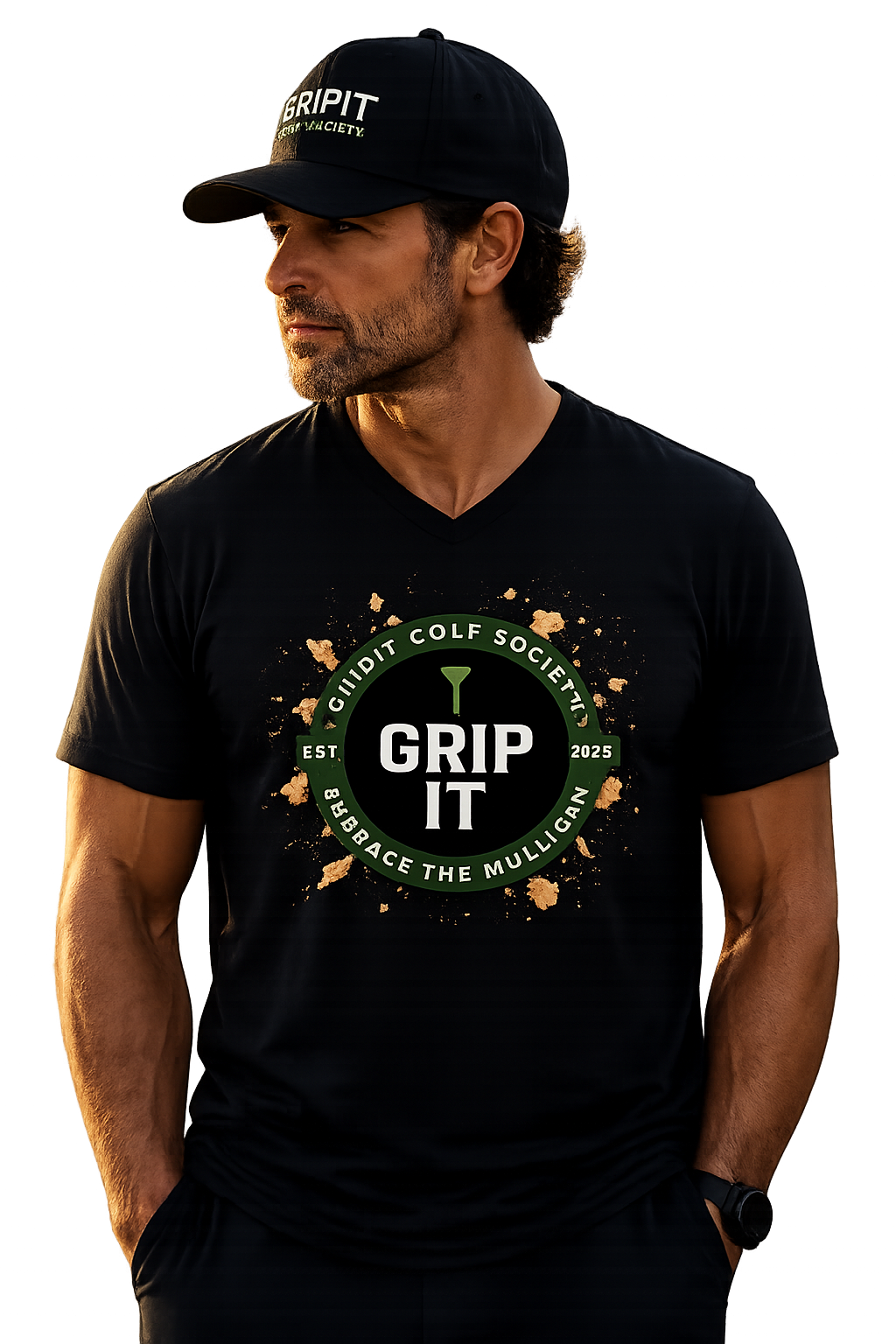 A man wearing a gripit golf black V-neck t-shirt with a green and white golf-themed graphic that reads 'GRIP IT' and 'GRIPIT GOLF SOCIETY 2025'. He is also wearing a matching black baseball cap with 'GRIPIT GOLF OUTDOORS' printed on the front.