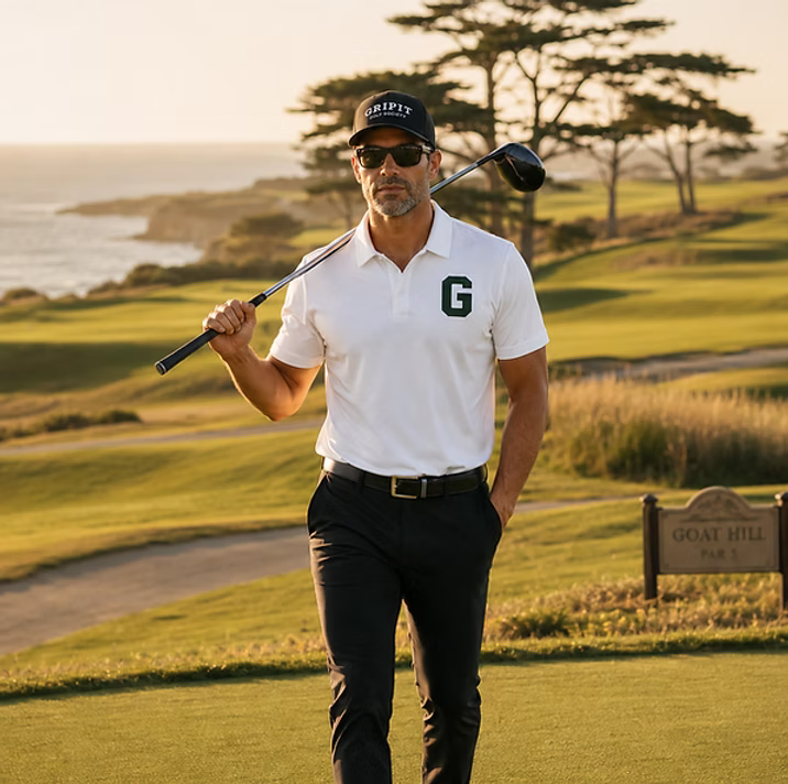 Gripit Golf founder Tony Golden on a golf course wearing a white polo shirt with a green letter 'G' on the chest, black pants, a black cap, and sunglasses, holding a golf club.