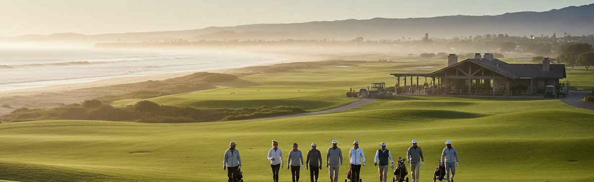 A scenic gripit golf course landscape at sunrise with a group of people walking across the green fairway near a clubhouse, with ocean and distant hills in the background.