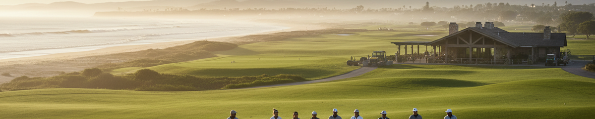 A scenic landscape photograph of a golf course at sunrise, featuring a clubhouse, rolling green fairways, and a line of gripit golfers in the foreground.